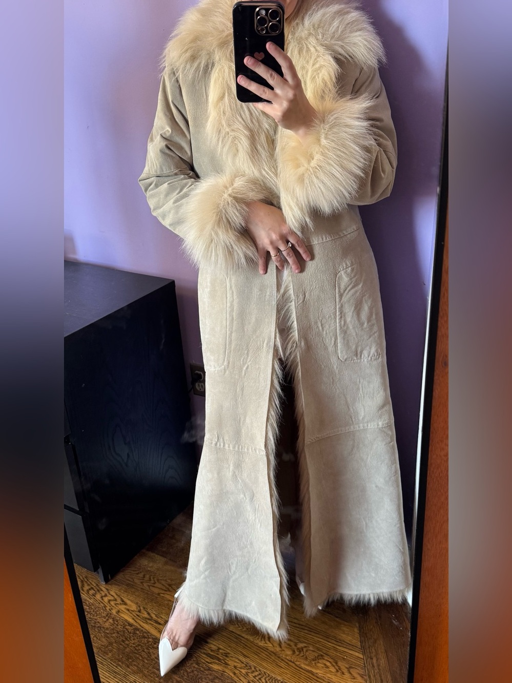 Ivory sheepskin shearling fur coat leather faux fur trim size small - Picture 12 of 16